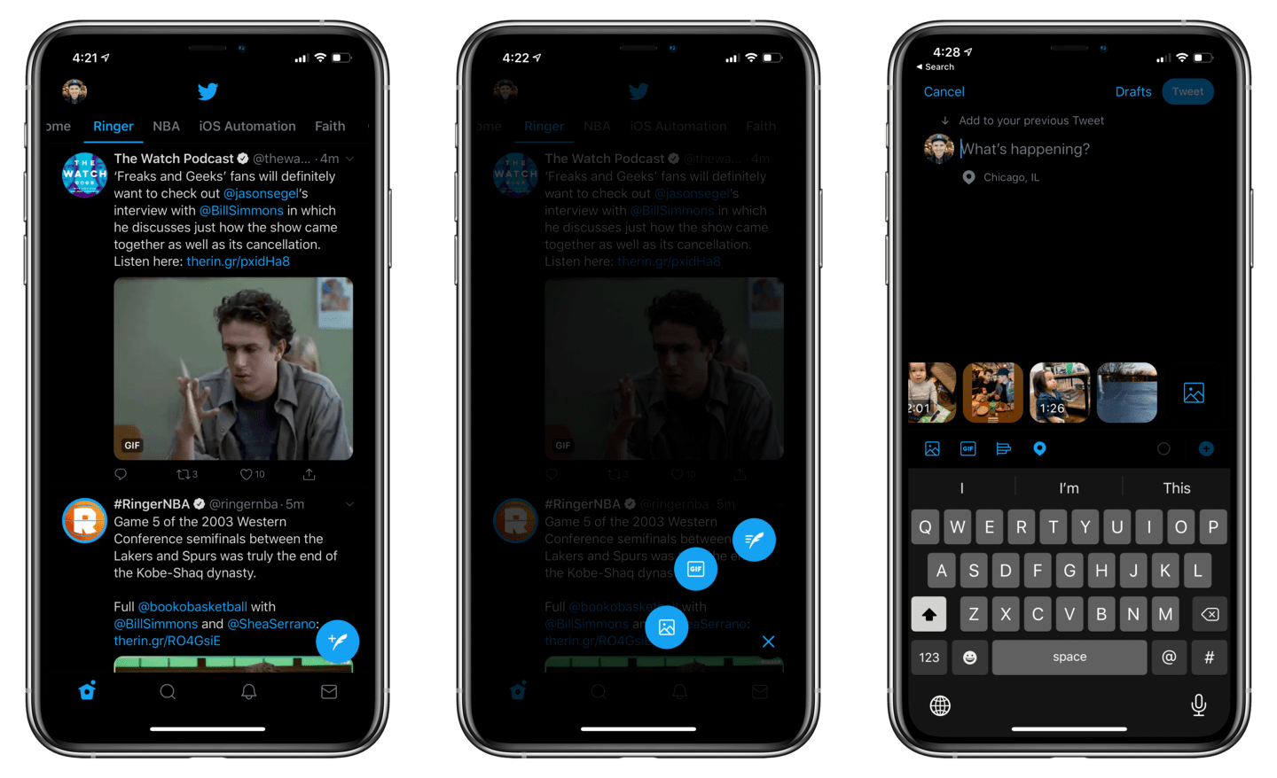 Twitter's tweet FAB allows text, image, and GIF options.
