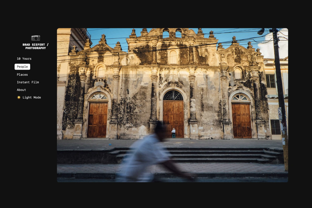 Screenshot of photos.bradsiefert.com, a man praying at an old church and a bike racing by"