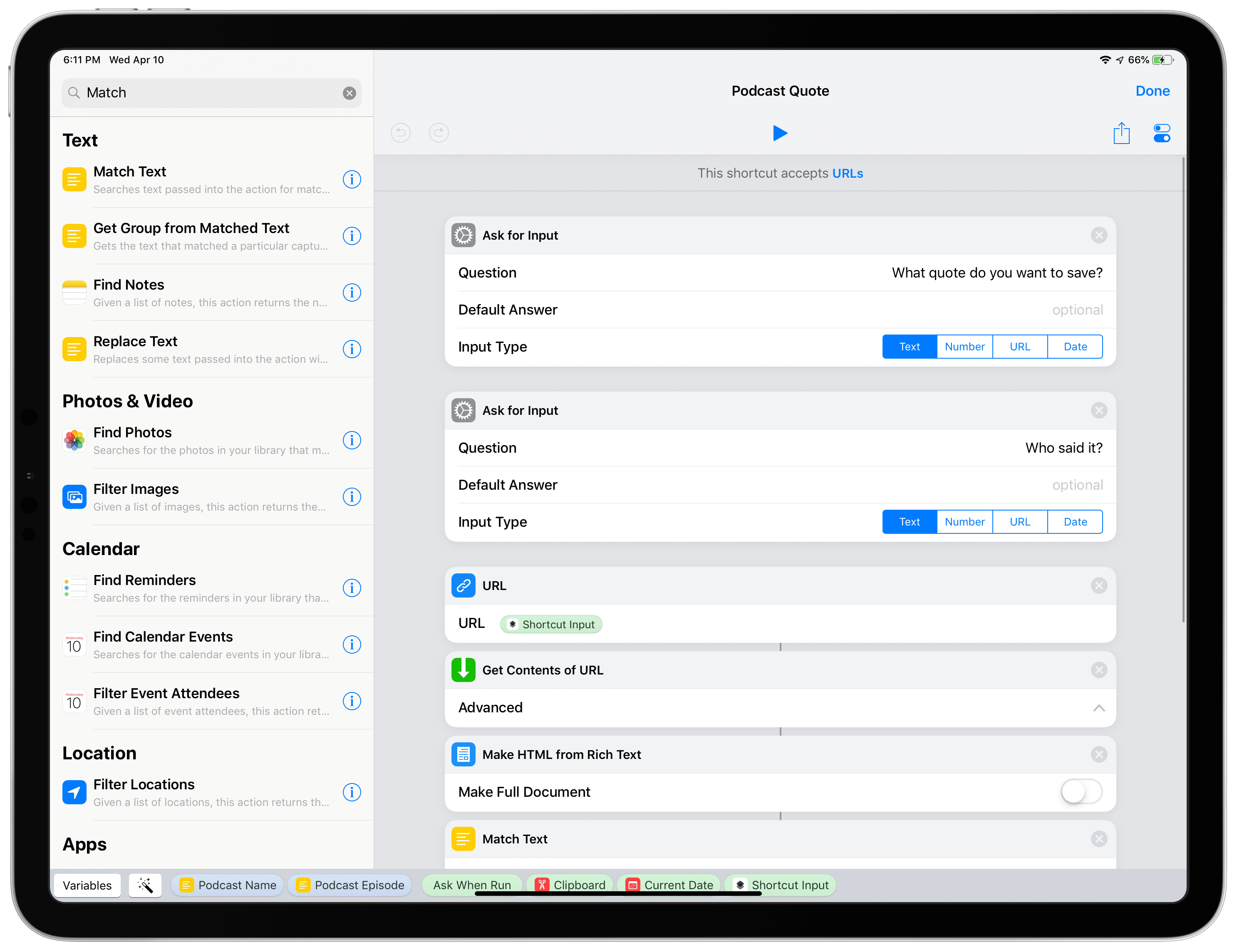 Screenshot of an iPad showing the Shortcuts app
