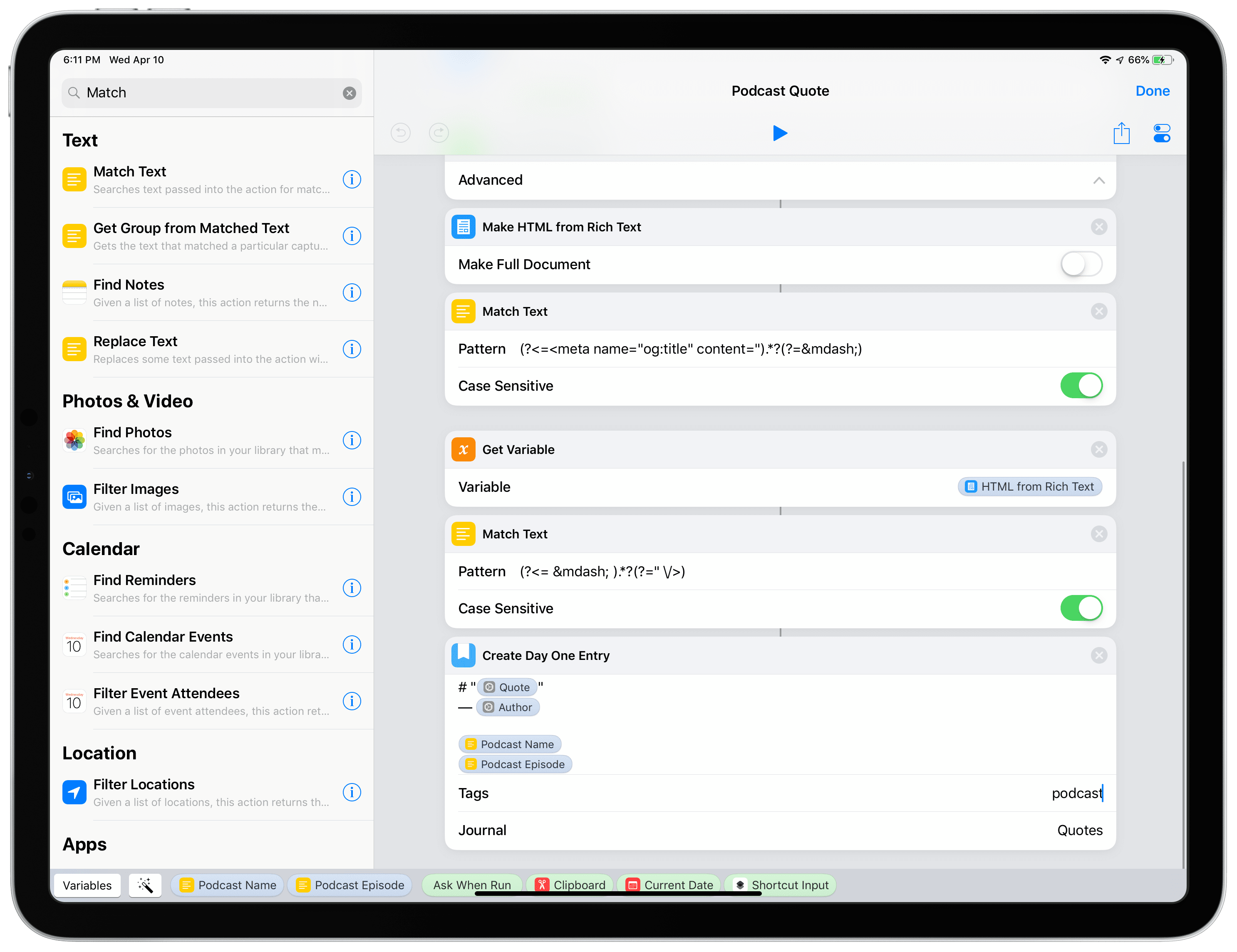 iPad screenshot of the Shortcuts app showing the DayOne entry to be created