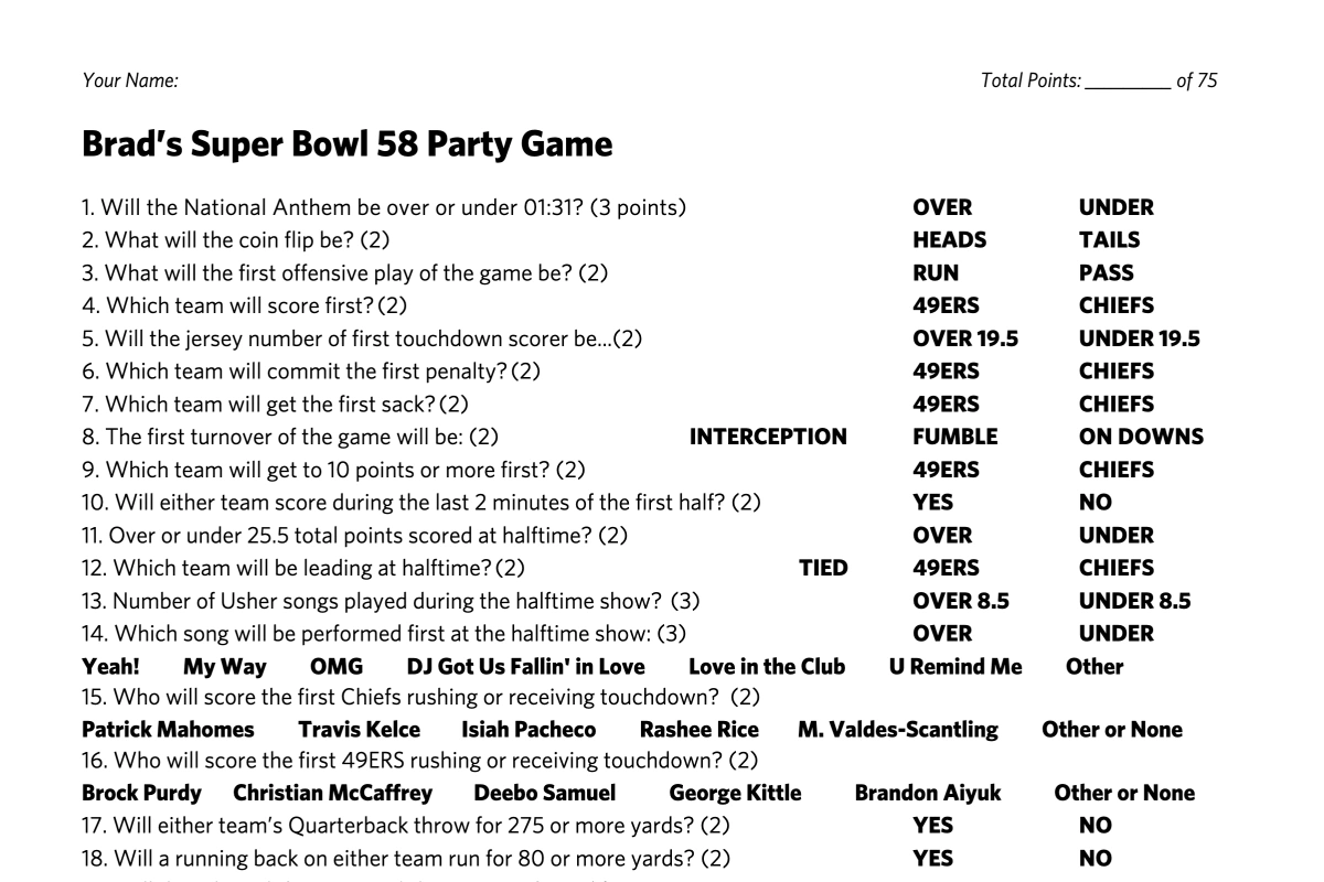 Photo of a screenshot of a Super Bowl party game