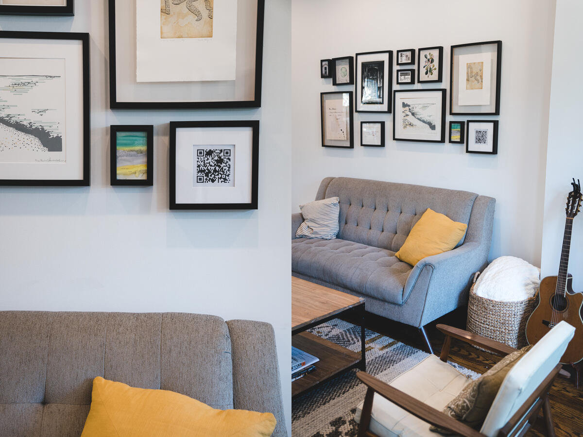Photos of my living room with the framed QR code in view