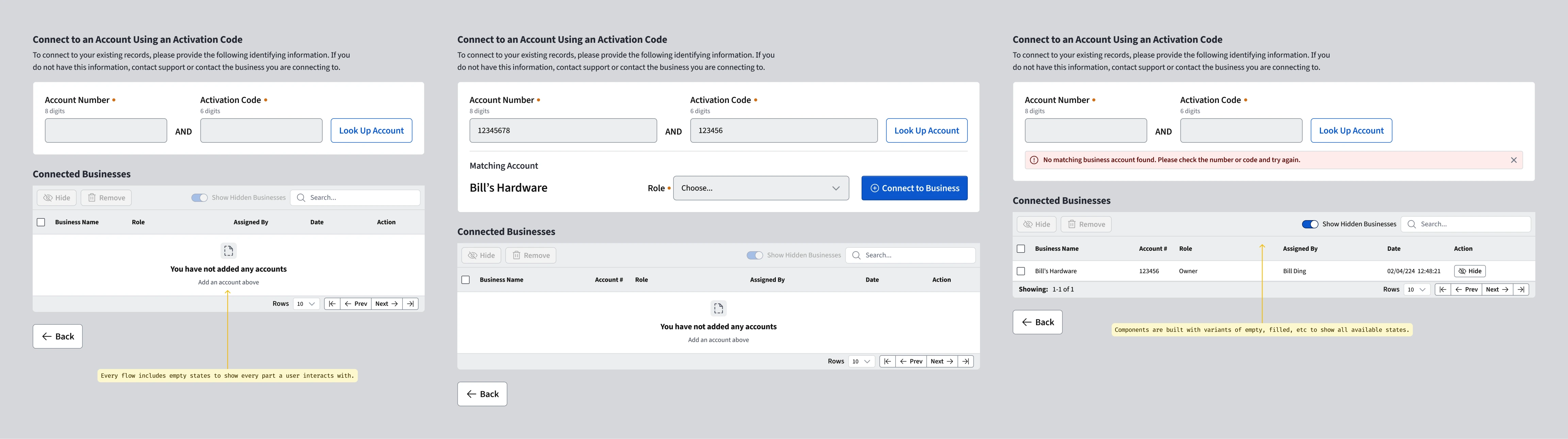 When designing application components, I made sure to include all possible states. Empty, filled, error, etc