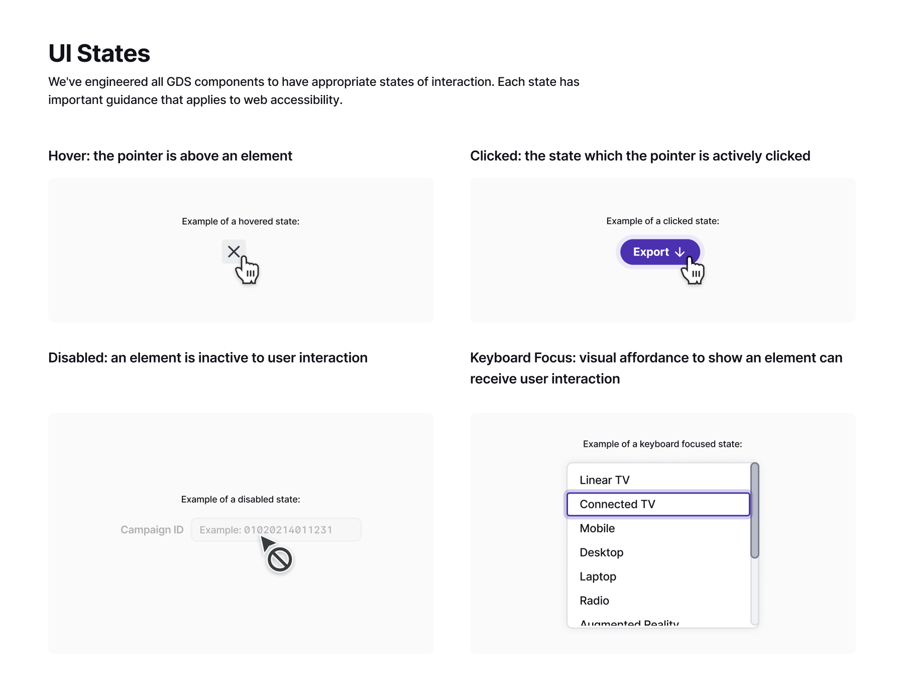 Examples of common UI states in GDS