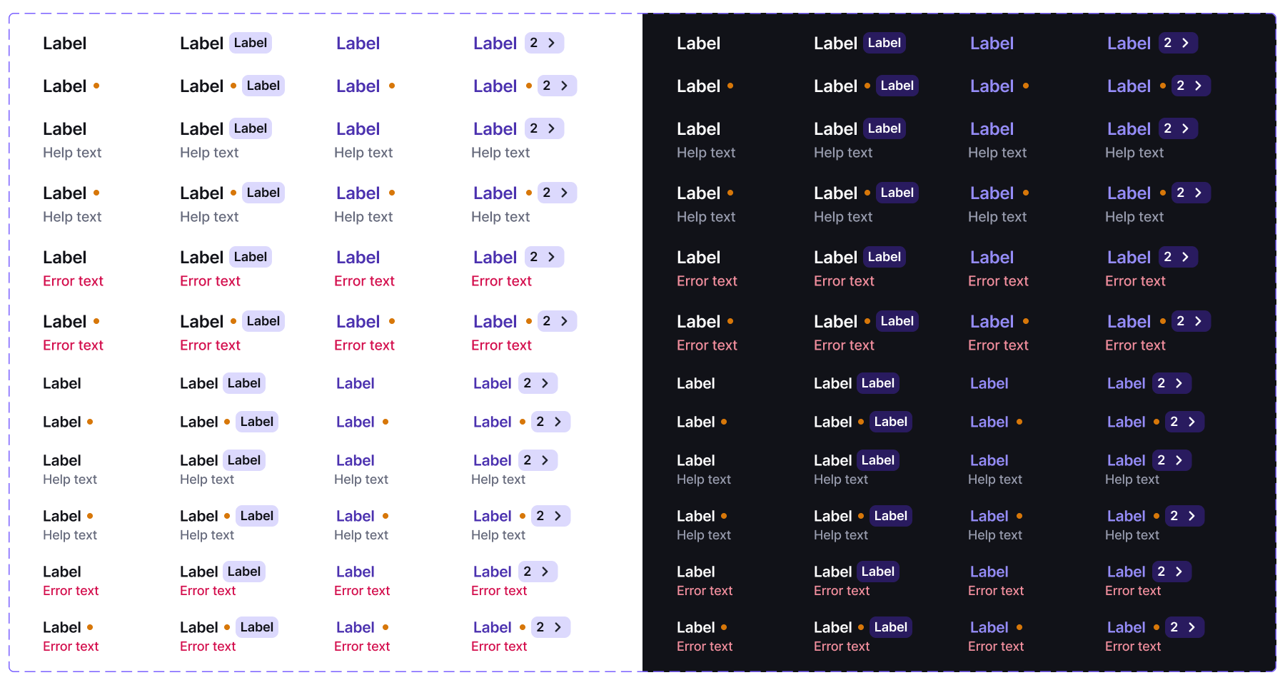 Form Label component variants in light and dark mode