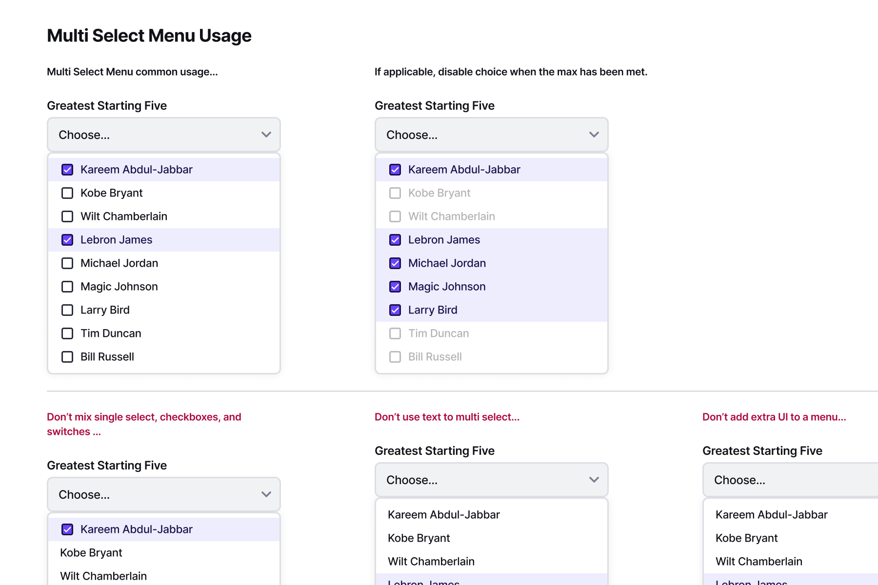 User Flow documentation for a multi-select menu