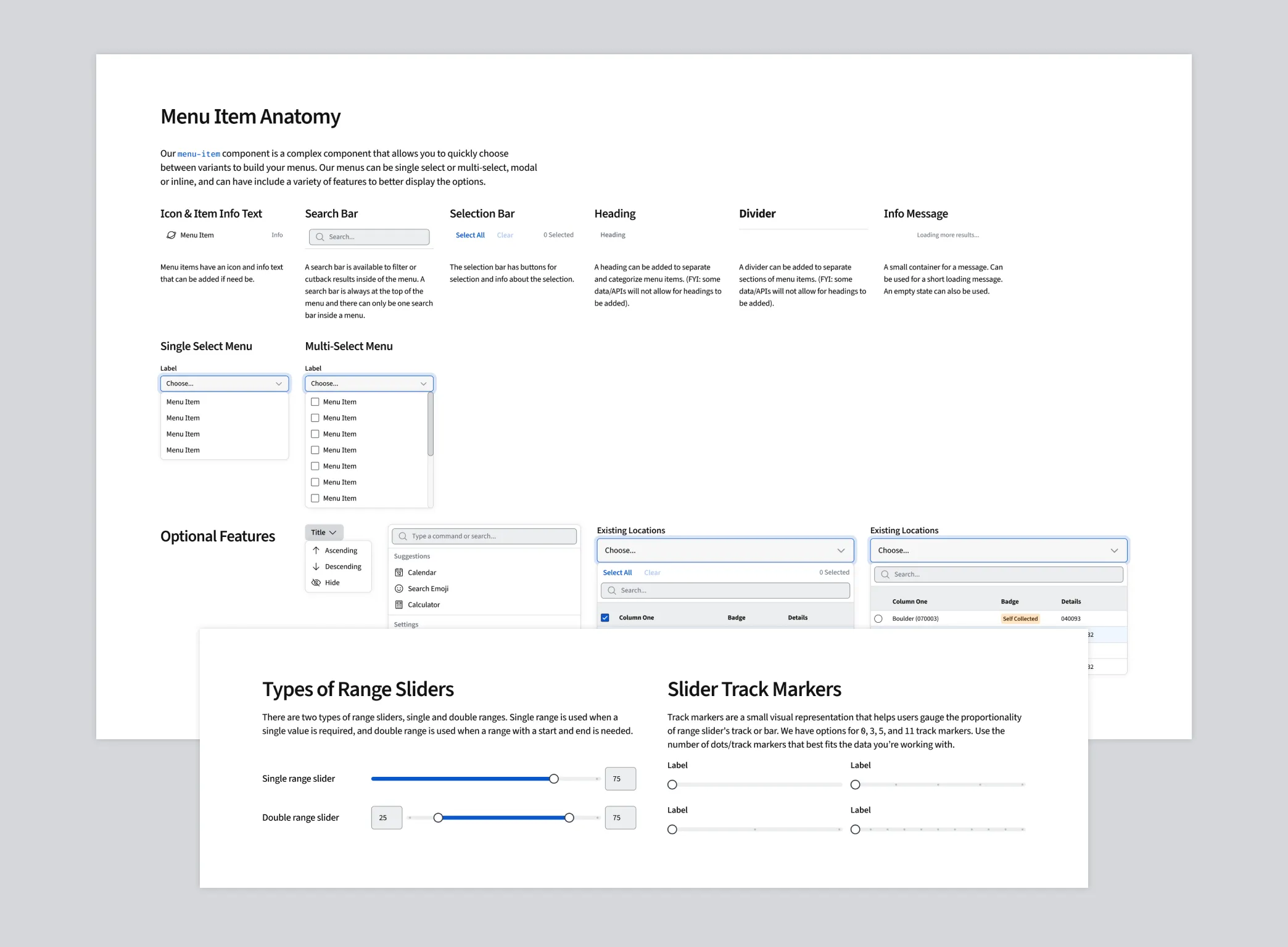 Menu component documentation with variants