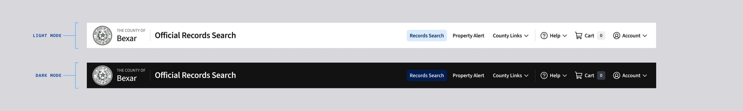Screenshot of two global navigation headers, one in light mode, one in dark mode.