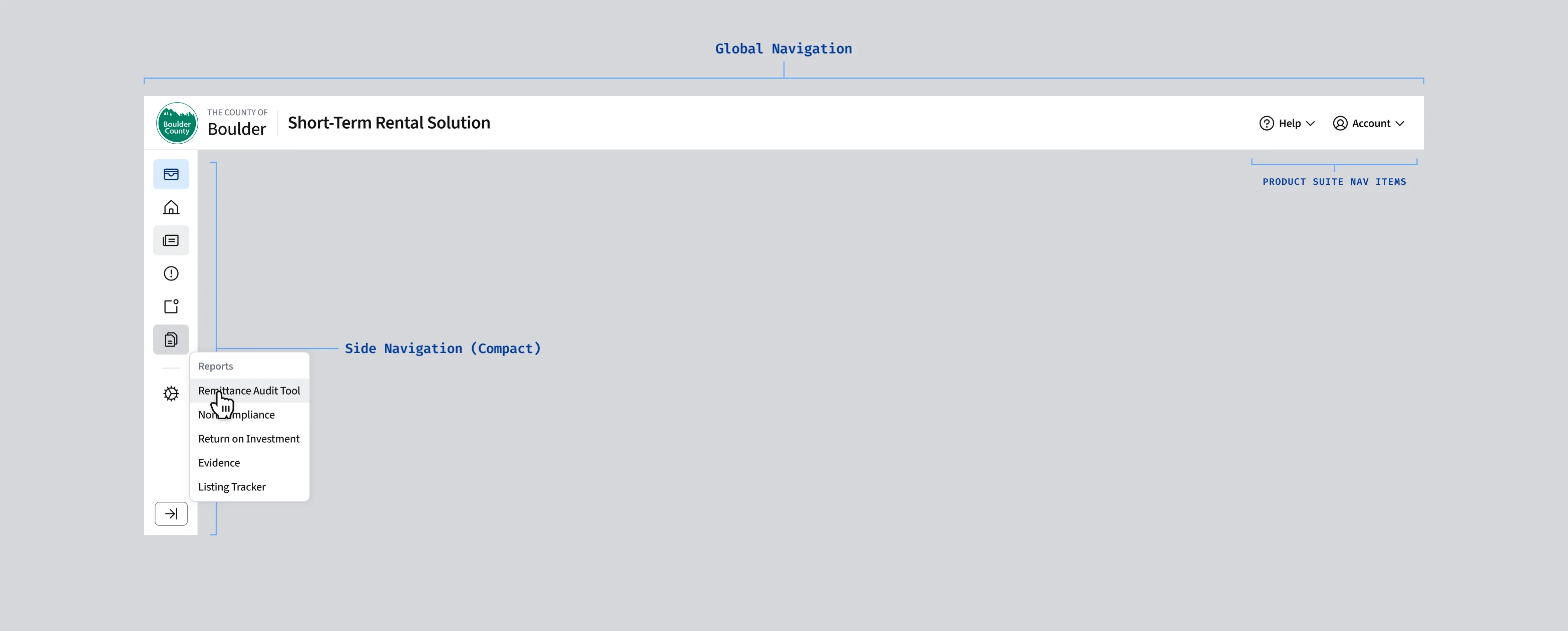 Screenshot of a global navigation header and sidebar navigation with an example flyover panel with links.