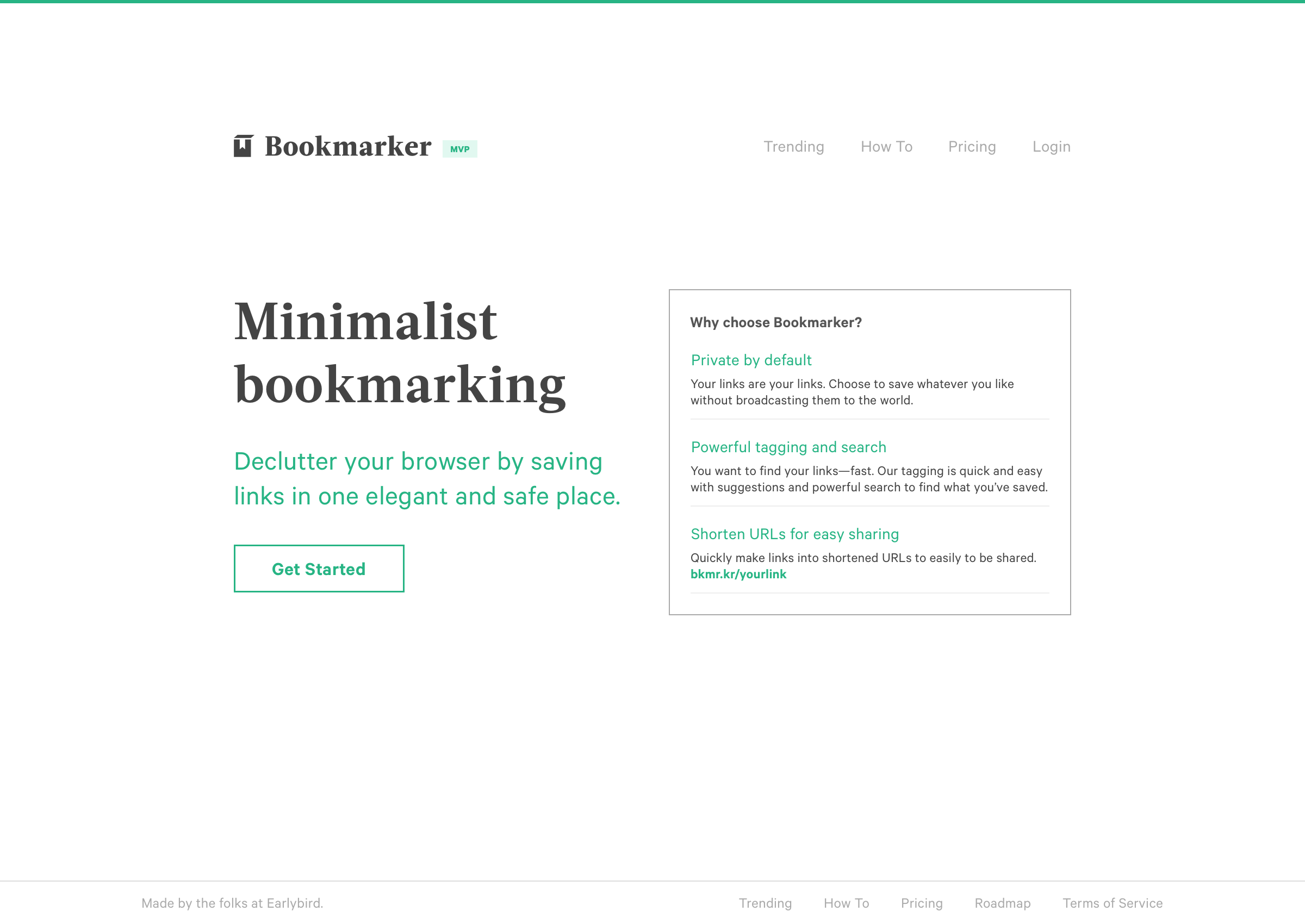 Screenshot of the landing page for Bookmarker
