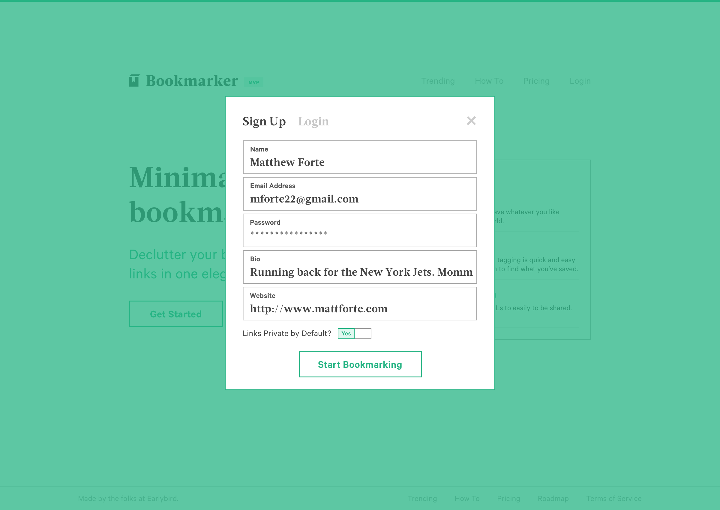Screenshot of the sign up screen for Bookmarker