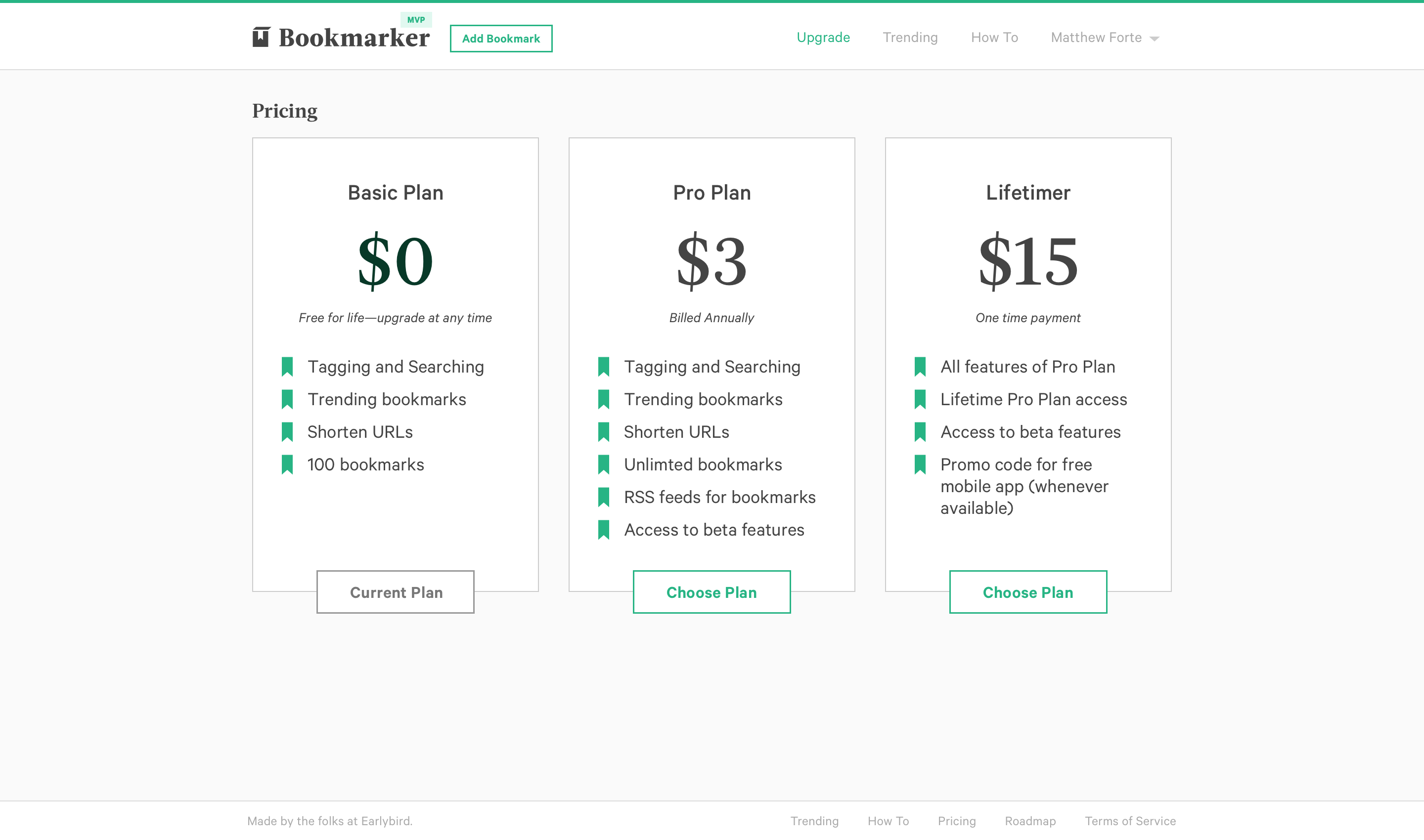 Screenshot of the pricing screen for Bookmarker