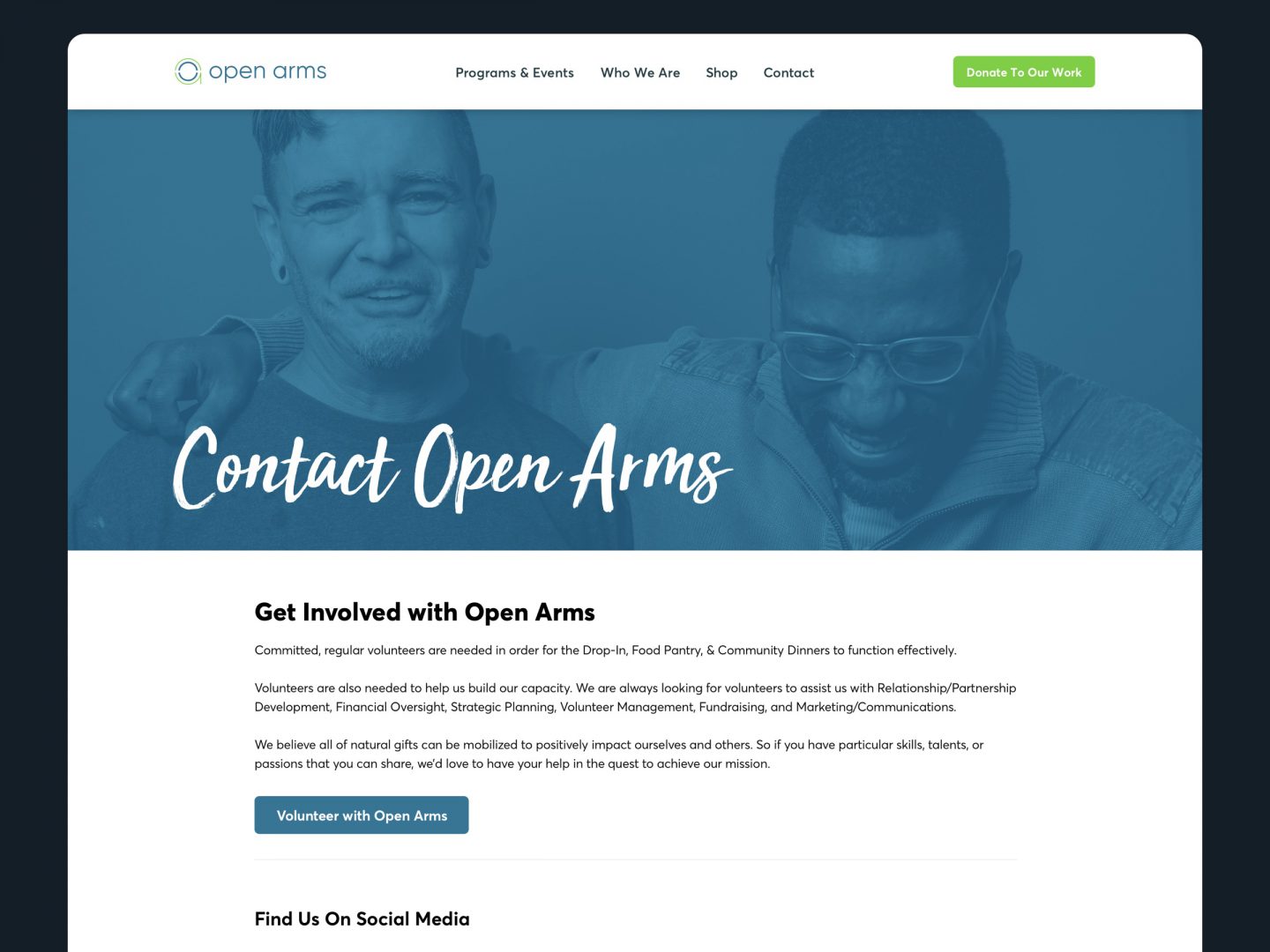 Screenshot of the Open Arms Ministry website redesign